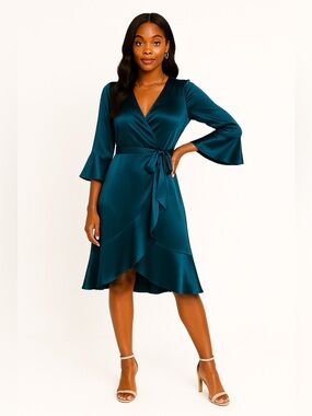 Simplee Apparel Teal Satin Wrap Midi Dress with Ruffle Sleeves | S